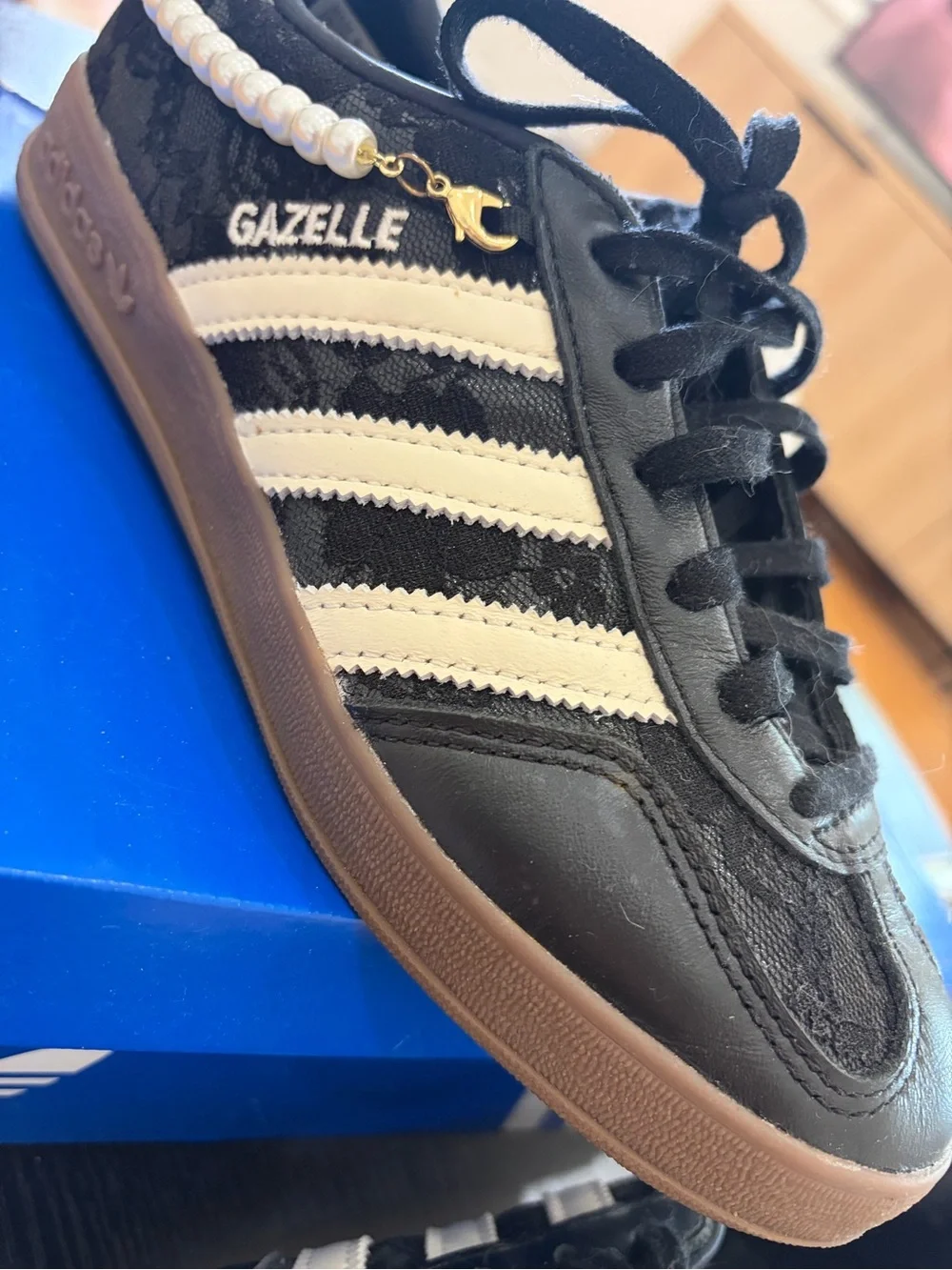 adidas Gazelle Black and Cream Lace-Up Sneakers with Pearl Accent